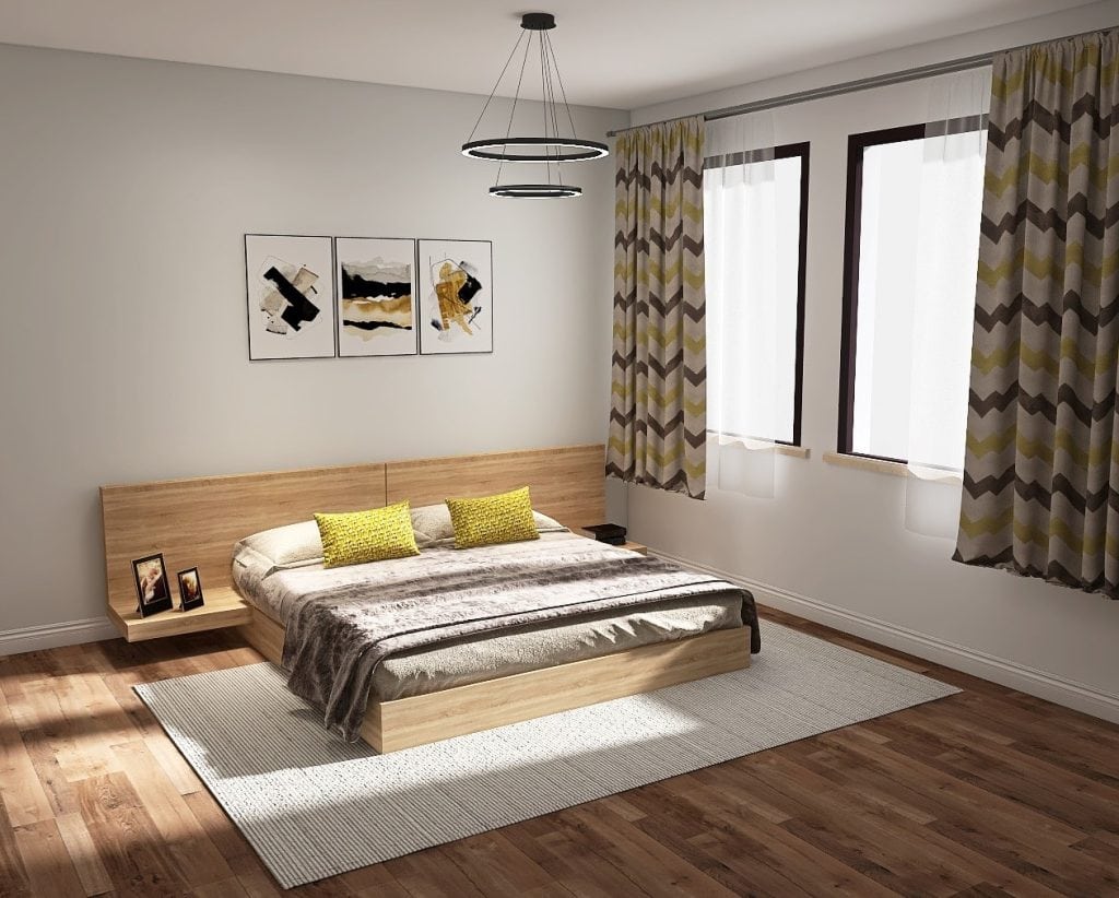 A textured neutral rug under king bed adding a tactile dimension to a small contemporary bedroom, render by Homilo