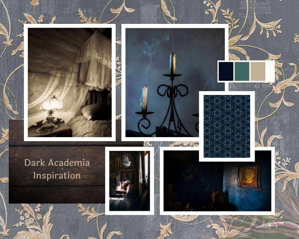 Blue dark academia color mood board by Homilo