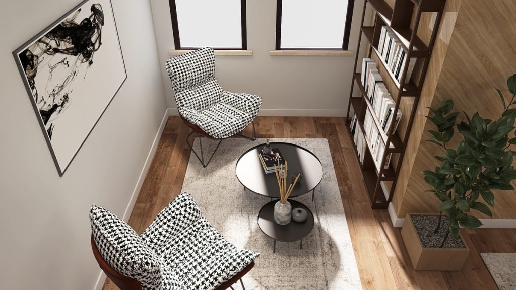 Conversation nook in an L-shaped awkward living room layout, sample by Homilo