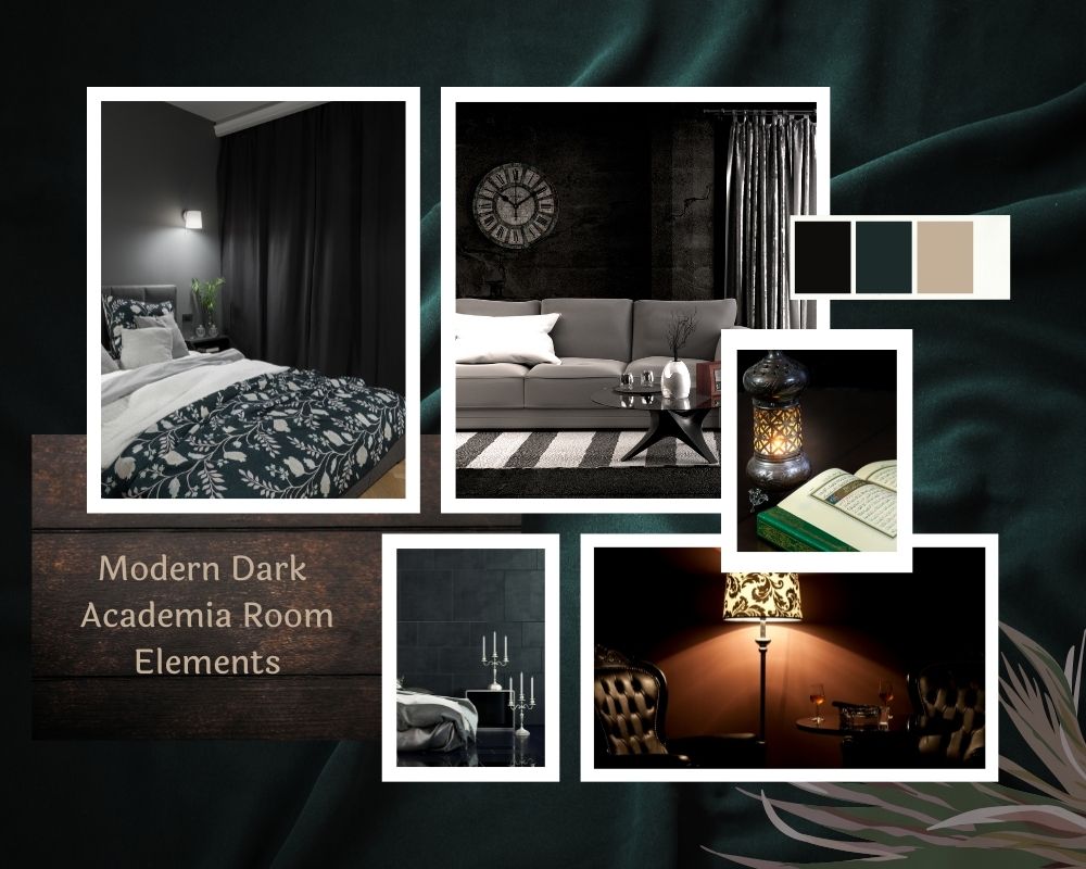 Modern dark academy bedroom elements mood board by Homilo