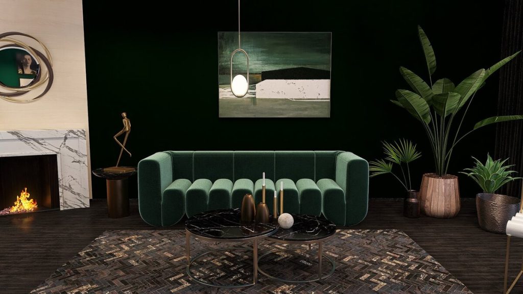 Art Deco dark green accent wall living room sample mockup by Homilo