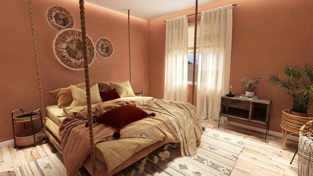Boho bedroom ideas, sample render by Homilo