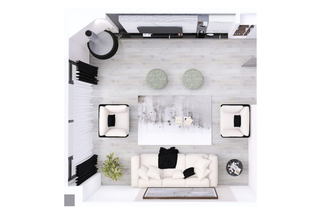 Corner fireplace living room layout by Homilo