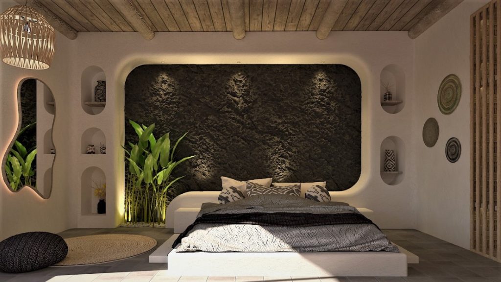 Green accent wall in the bedroom by Homilo