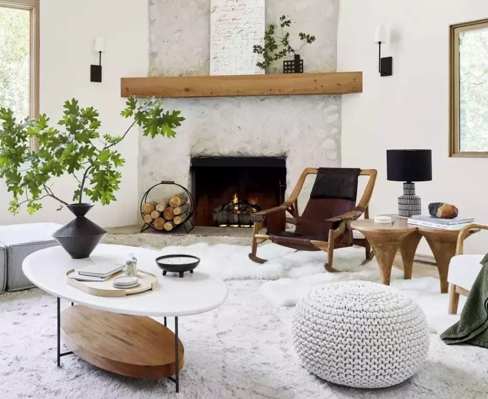 Living room layout with corner fireplace and accent chair