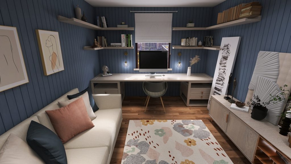 Small guest bedroom office combo ideas, sample render by Homilo