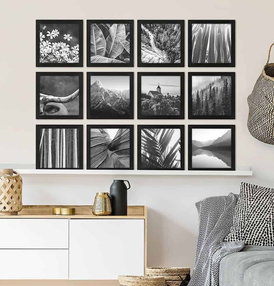 Black and white symmetrical hanging picture arrangement