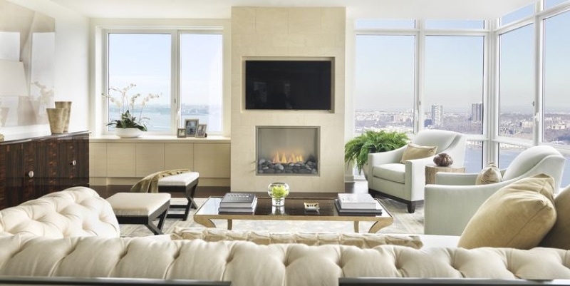 Square living room layout with fireplace