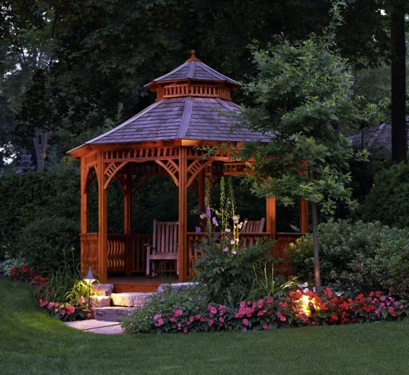 Traditional wooden gazebo with elaborate details