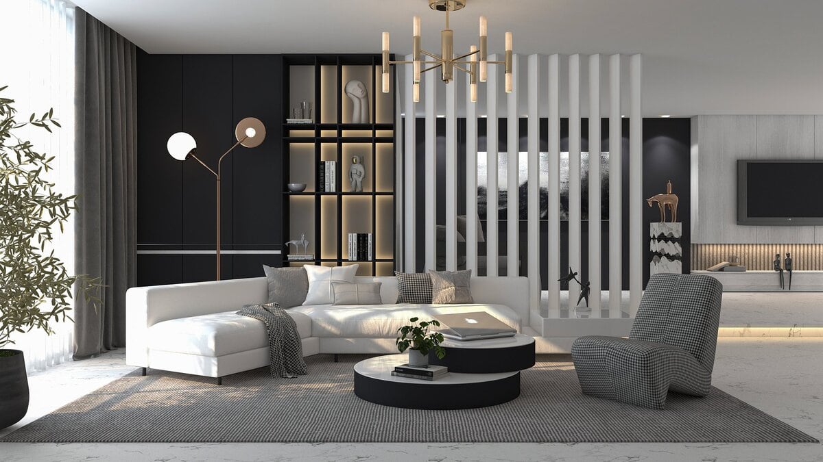Elegant black and white bookshelf decor in a living room by Homilo