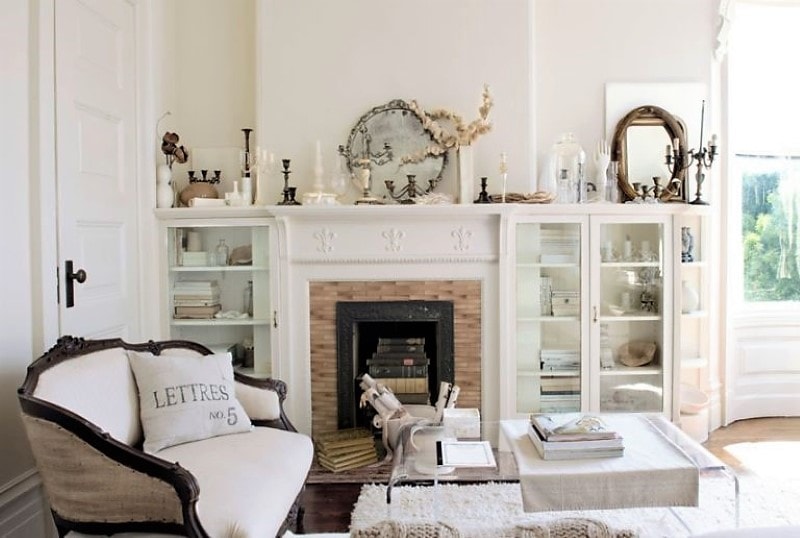 French farmhouse white living room décor