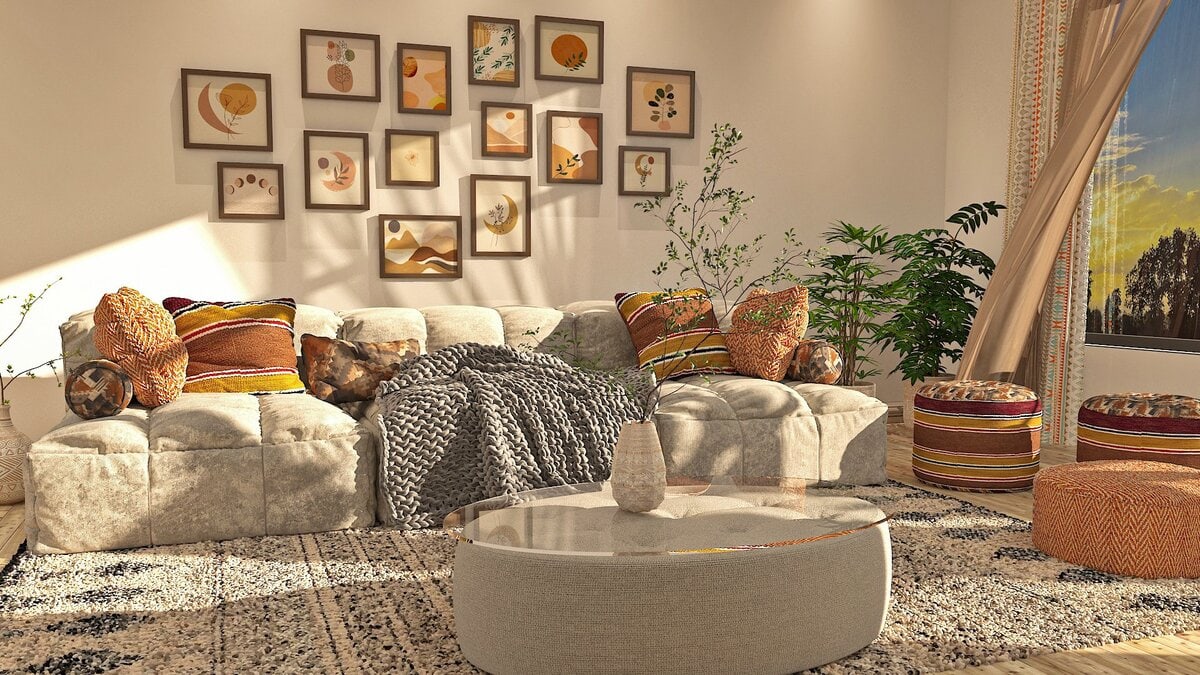 Minimalist bohemian living room interior design by Homilo