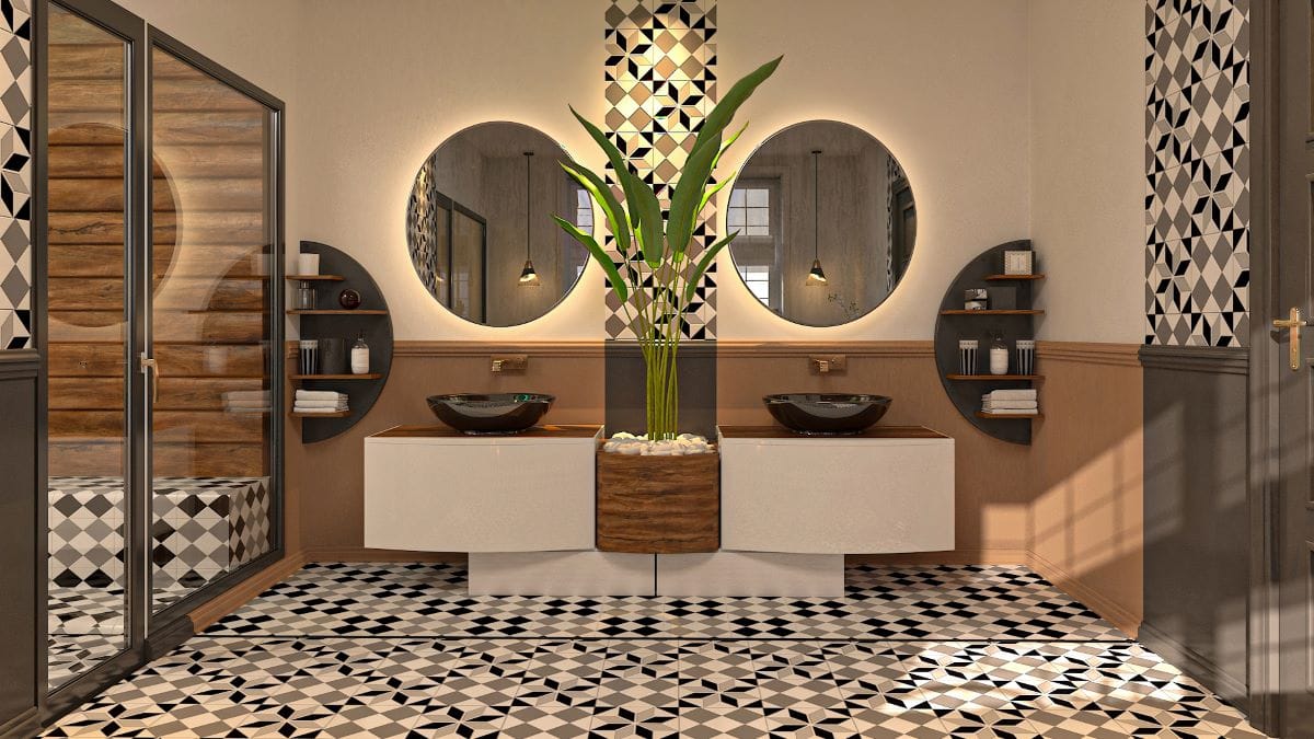 Bold tile pattern in an eclectic bathroom by Homilo