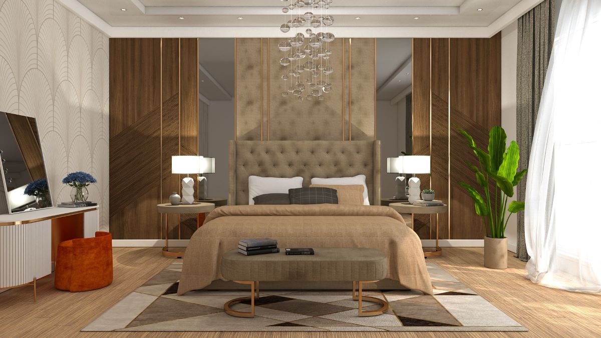 Elegant wooden bedroom accent wall by Homilo