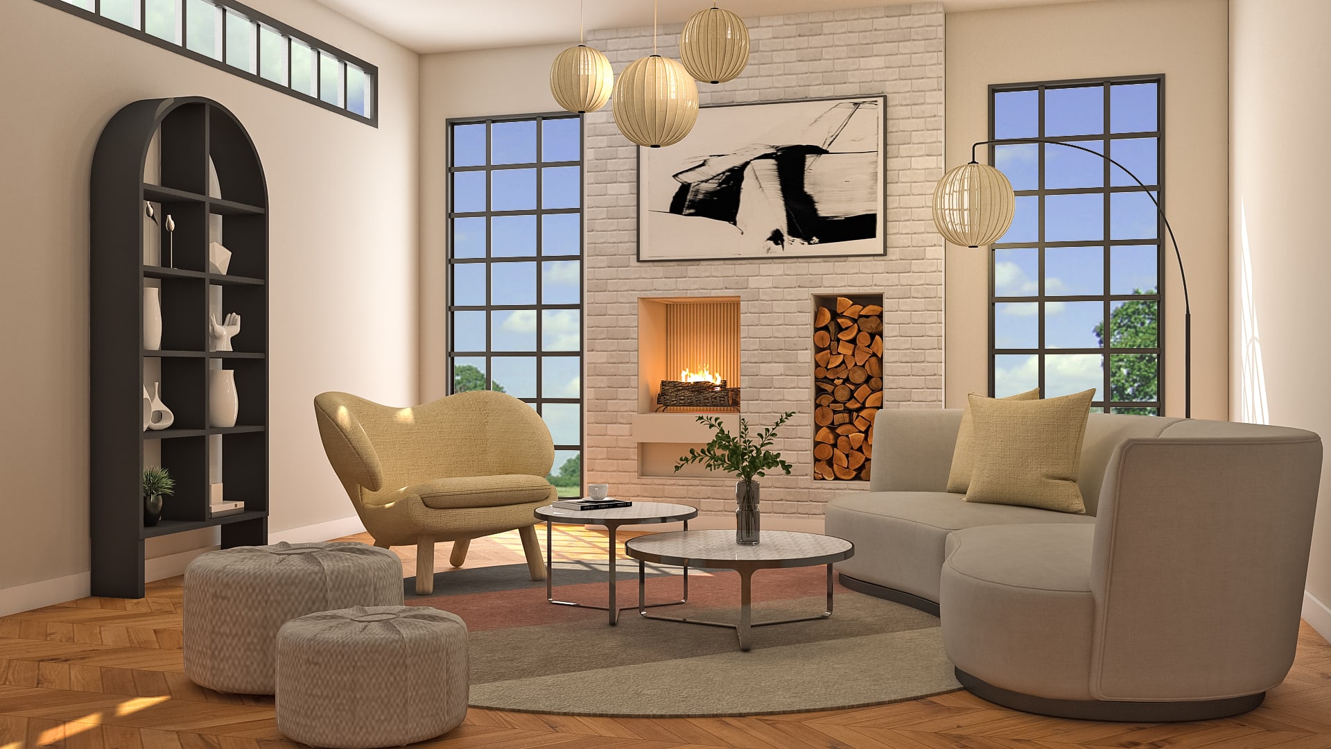 Mid-century modern decor, cocooning furniture, and organic shapes in a living room by Homilo