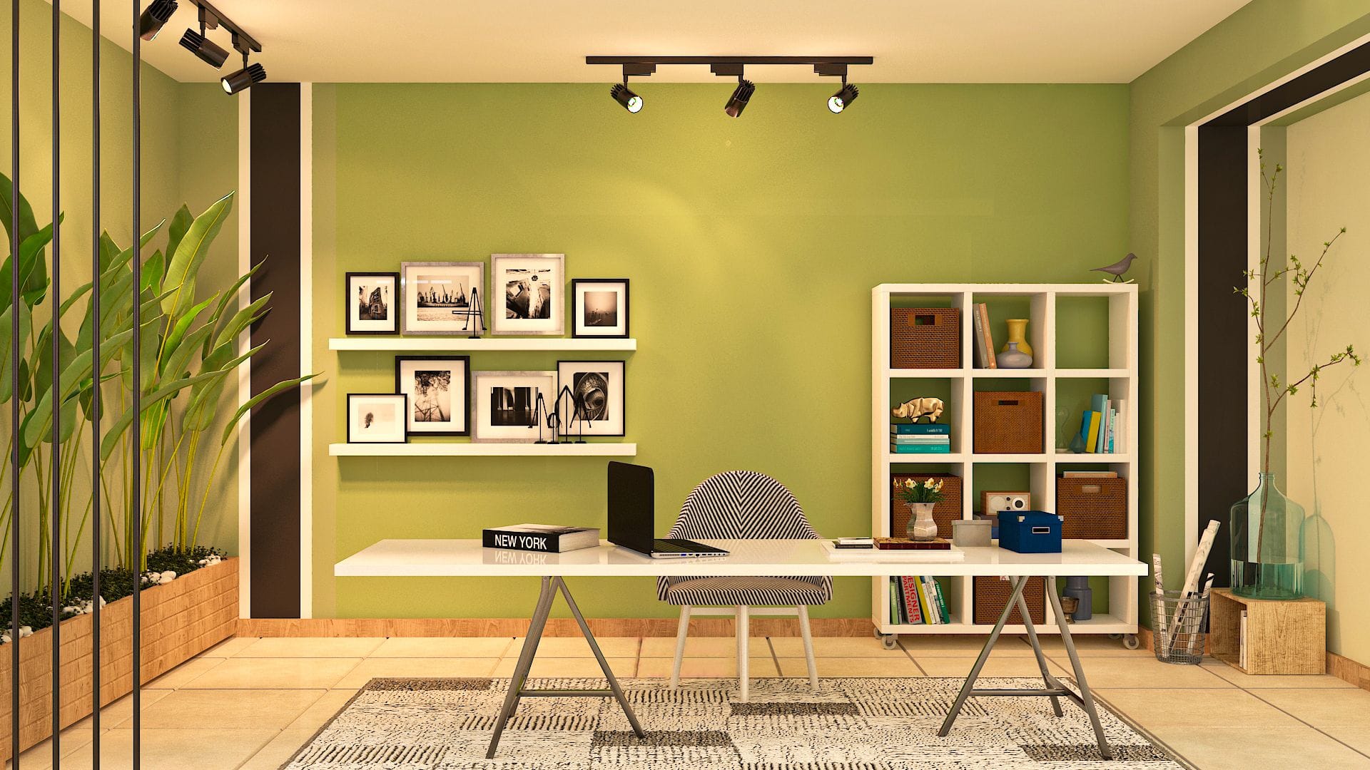 Modern Green Home Office With Indoor Garden