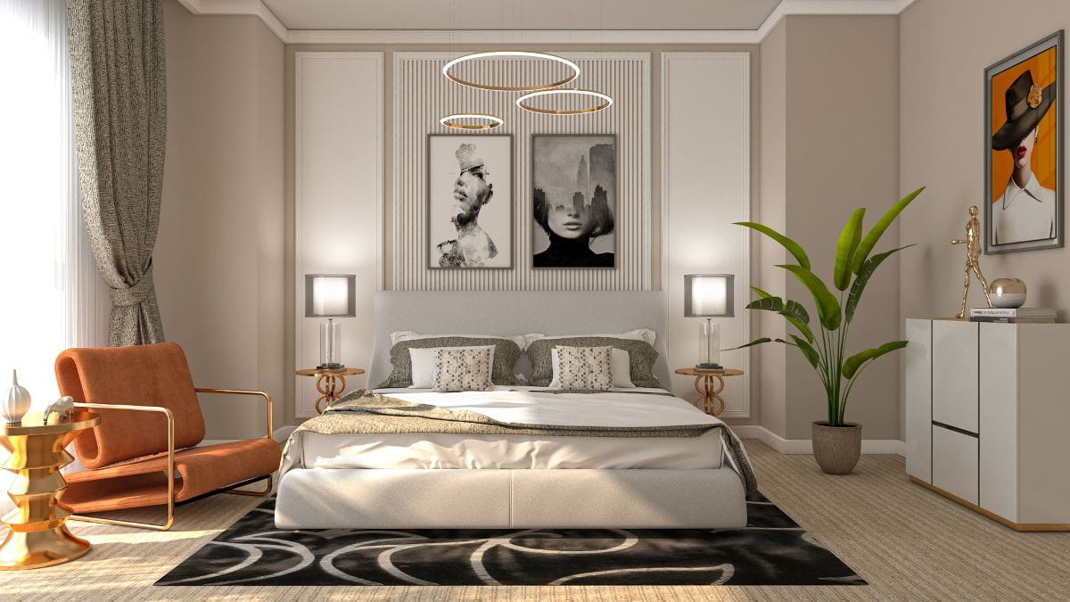 Modern bedroom accent wall with Art Deco flair by Homilo