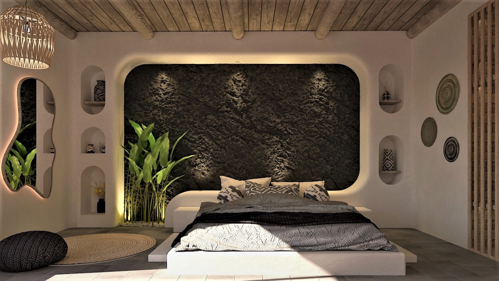 Organic accent wall bringing the outside in, bedroom by Homilo