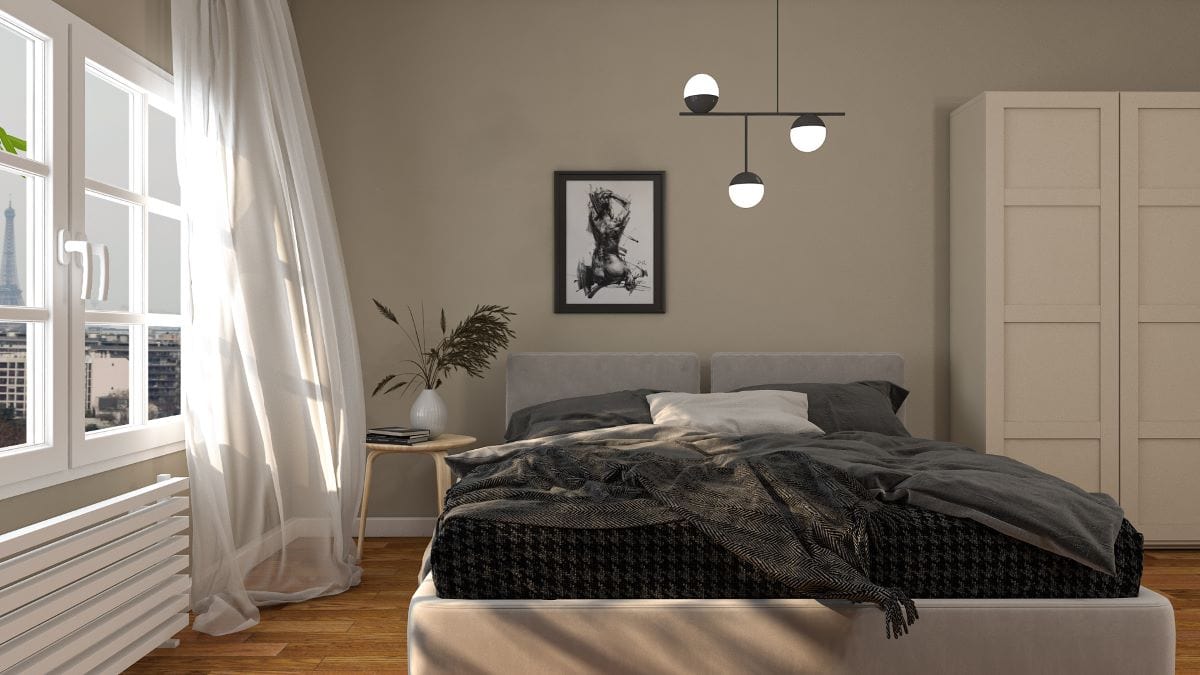 Simple apartment decorating ideas with statment lighting, bedroom by Homilo