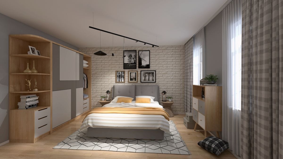 Contemporary Scandinavian bedroom with industrial accents
