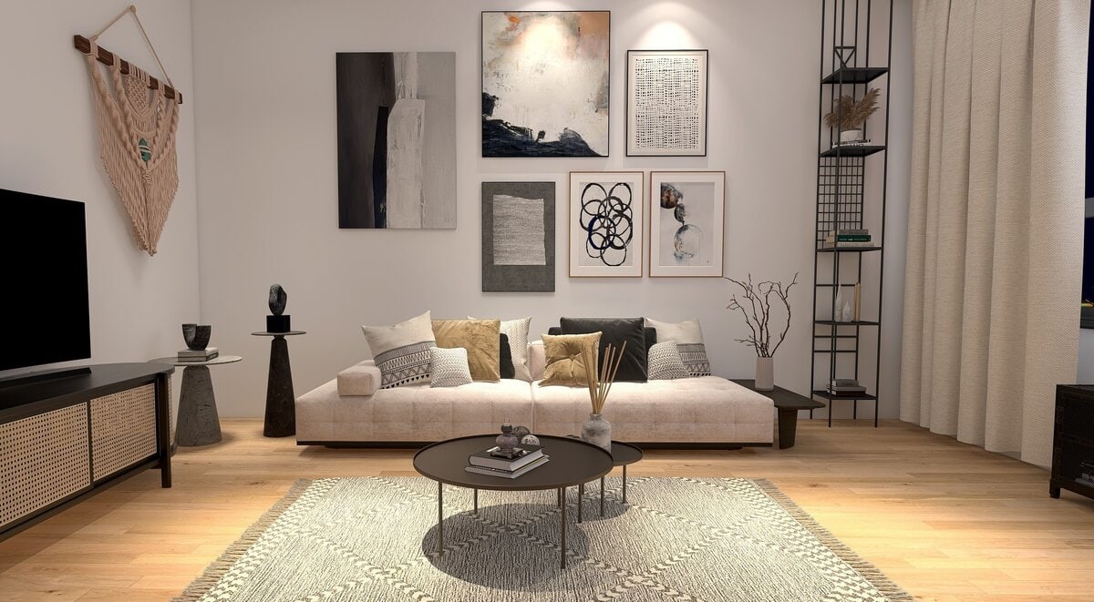 Minimalist modern boho living room mockup render by Homilo