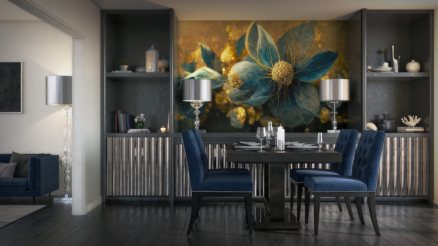 Blue Dining Room With Wallpaper Homilo