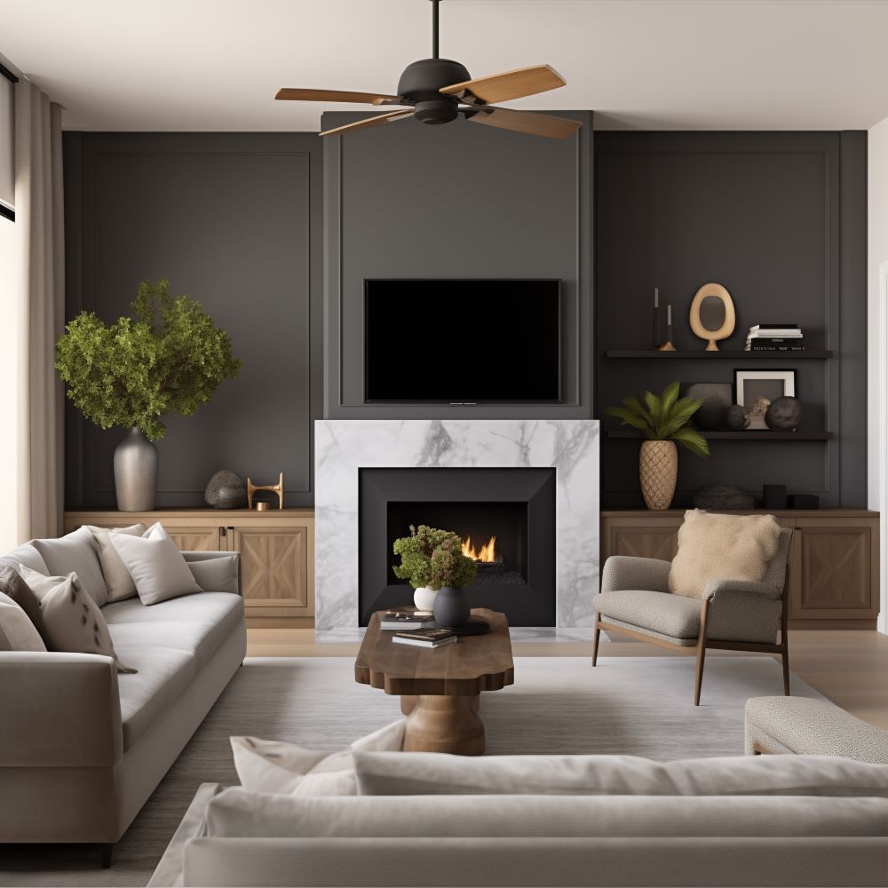 A contemporary accent wall with a fireplace, design ideas by Homilo