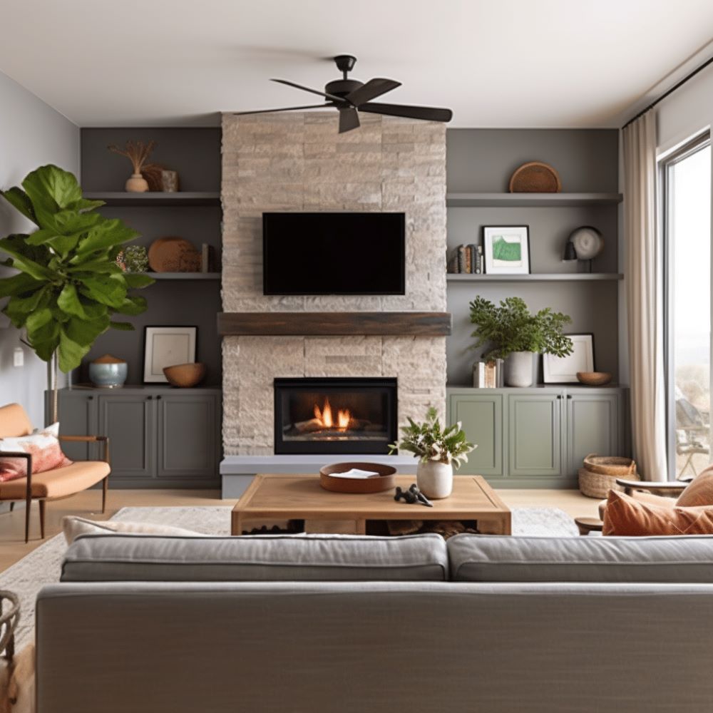 A timeless living room with a fireplace and accent wall, ideas by Homilo