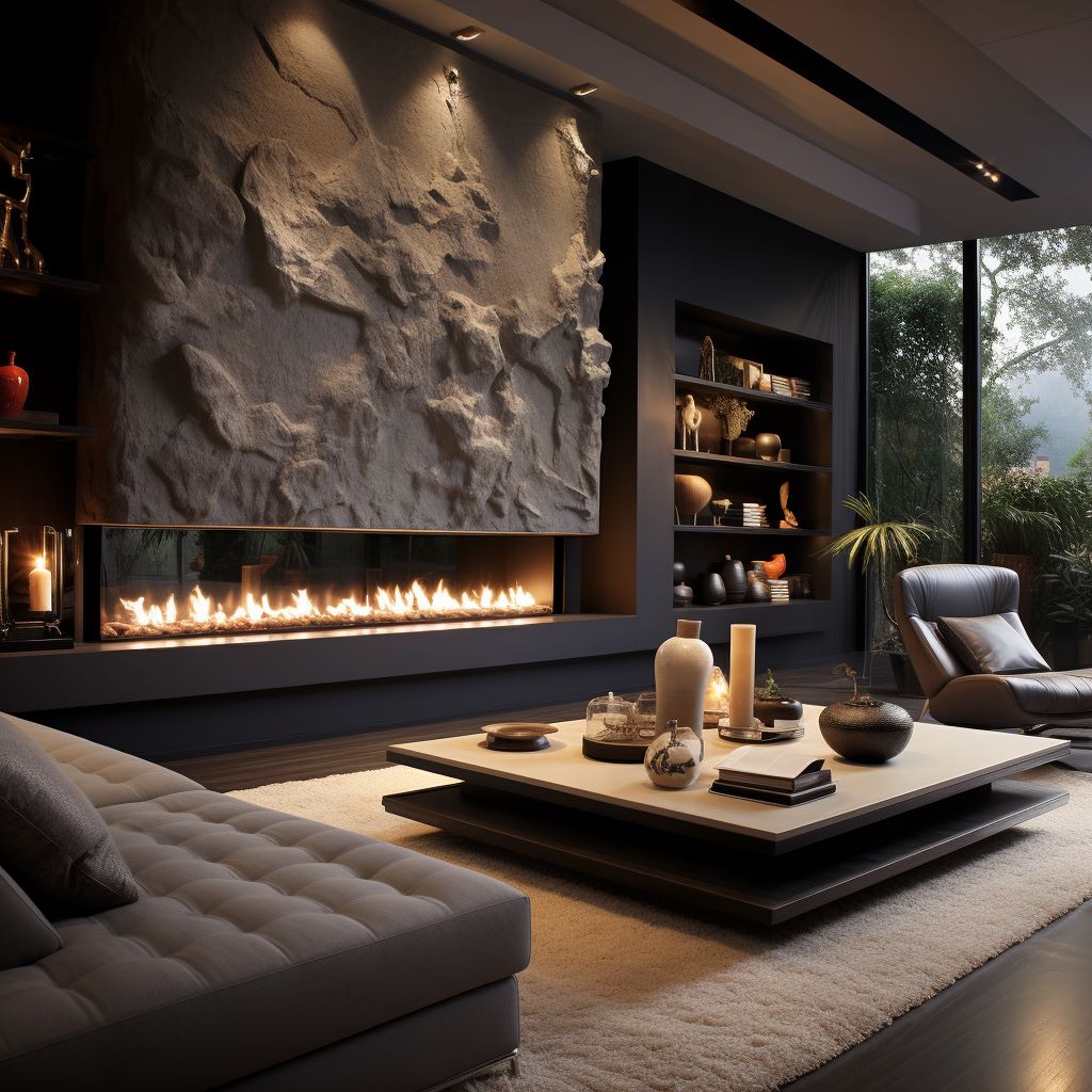 Accent wall with a rock-reminiscent texture and a fireplace, ideas by Homilo
