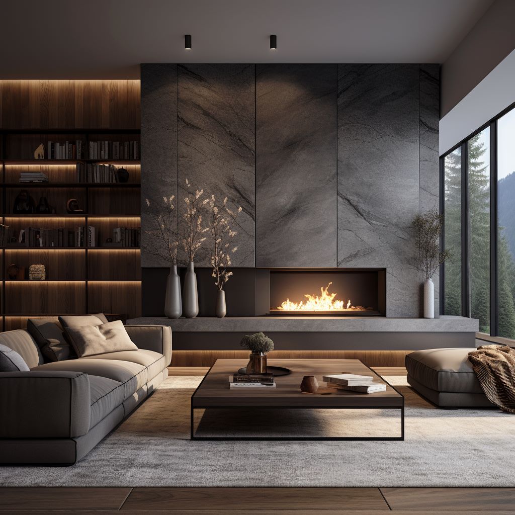 An accent wall with a fireplace and LED illuminated library, ideas by Homilo