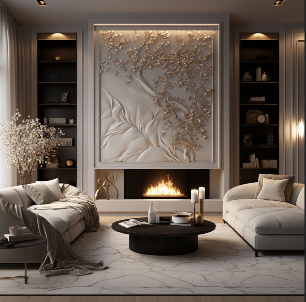Elegant, white, abstract accent wall with fireplace, ideas by Homilo