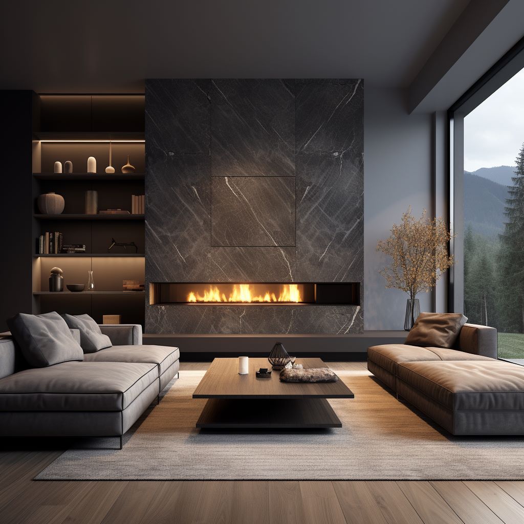 Marble accent wall with a fireplace and a hidden rotating TV panel, ideas by Homilo