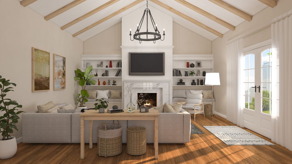 Modern farmhouse living room with a fireplace accent wall by Homilo