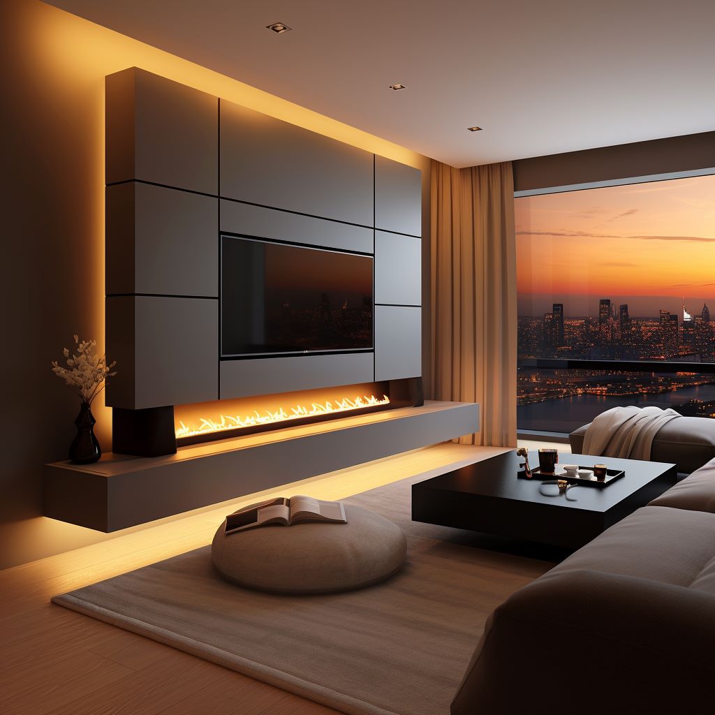 Modern illuminted TV accent wall with a fireplace and smart storage, ideas by Homilo