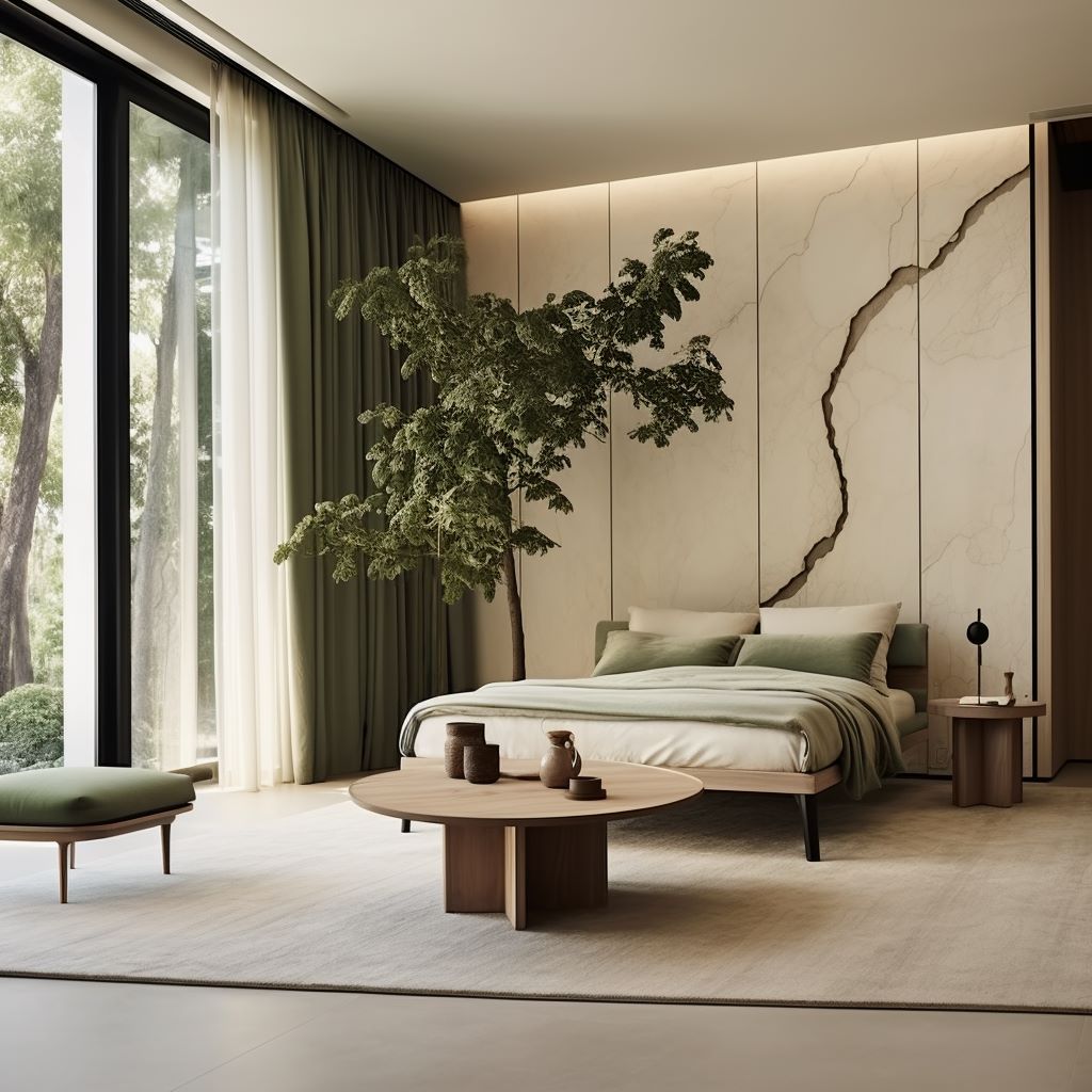 Modern organic bedroom ideas with an accent wall and greenery by Homilo
