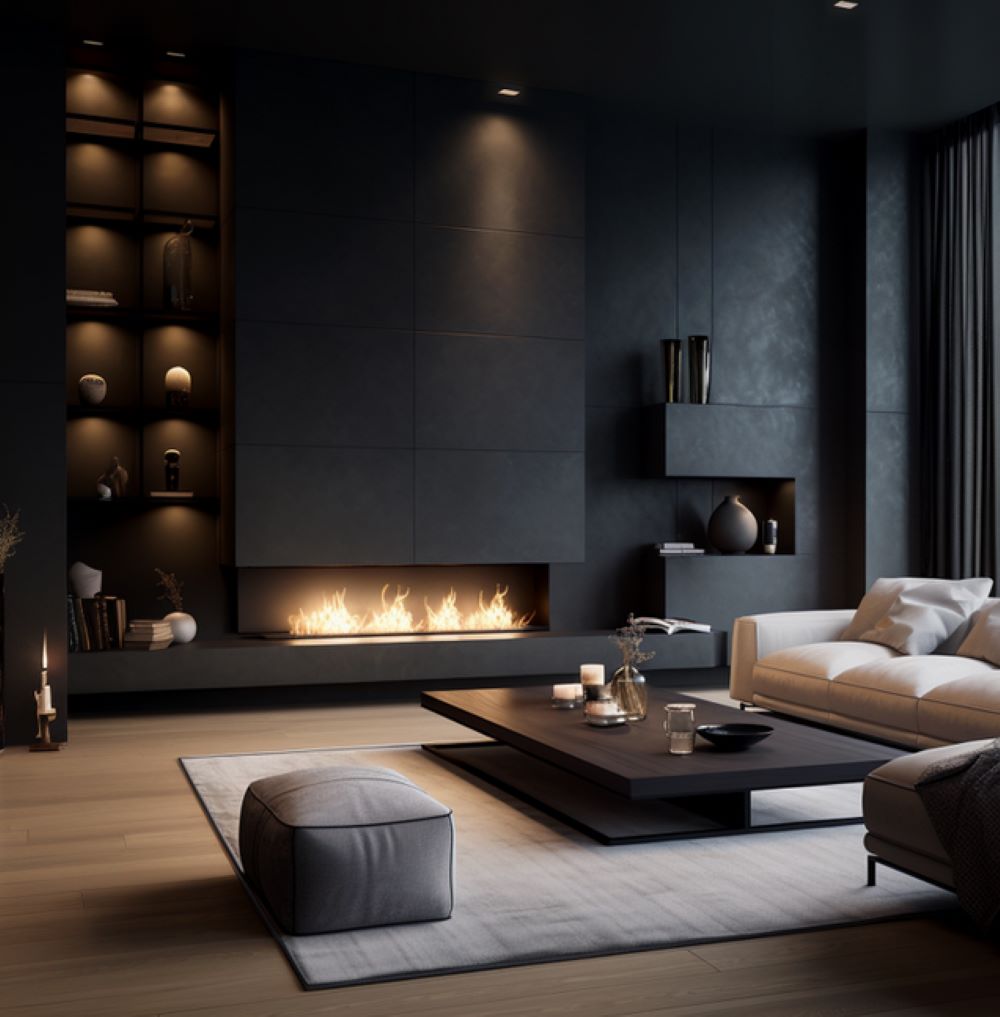 Moody modern accent wall with a fireplace, ideas by Homilo