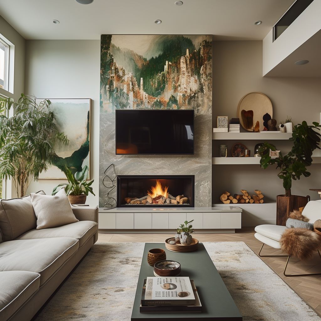 Nature-inspired mural and green vibes on a living room accent wall with a fireplace, ideas by Homilo