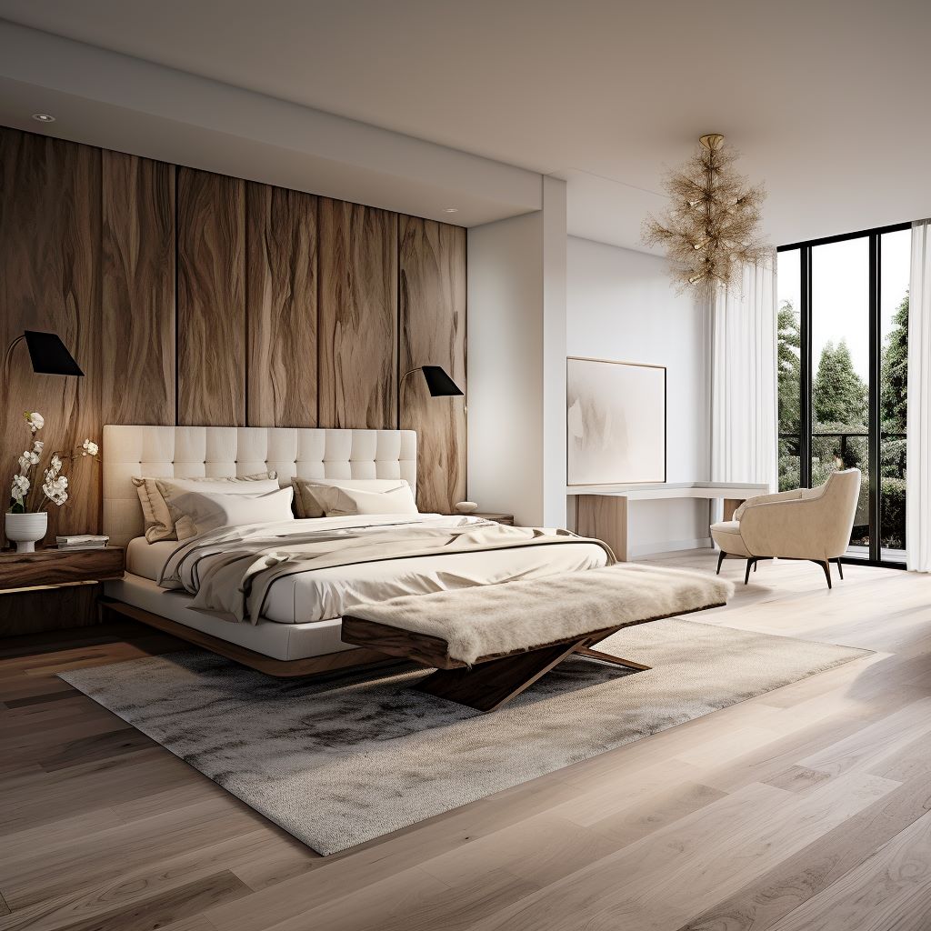 Organic modern bedroom ideas with a rustic accent wall by Homilo