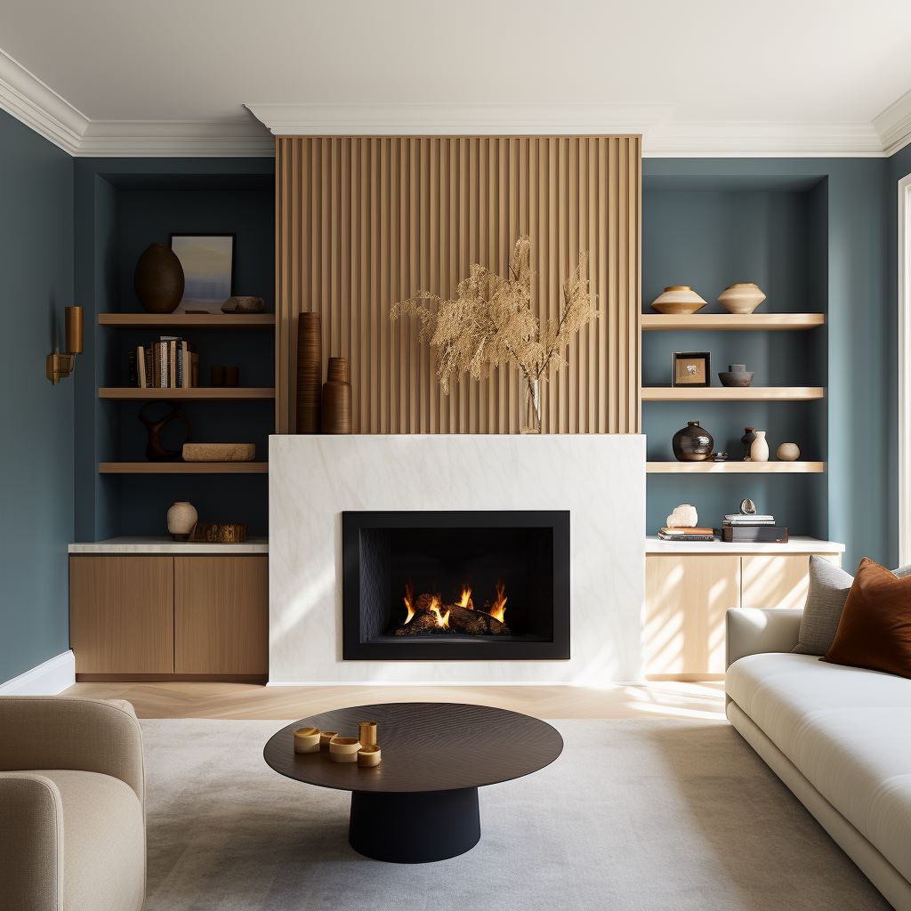 Reeded panels on an accent wall with fireplace, ideas by Homilo