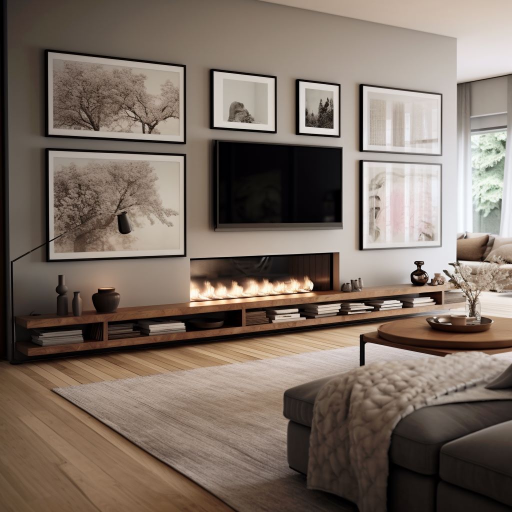 Scandinavian living room with a TV integrated in a gallery wall, ideas by Homilo