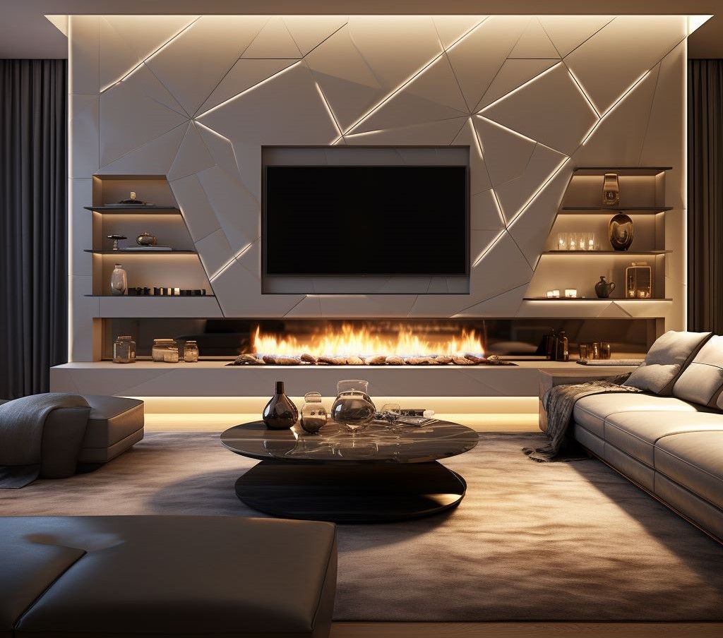 An accent wall with a fireplace and decorative ambient light, ideas by Homilo