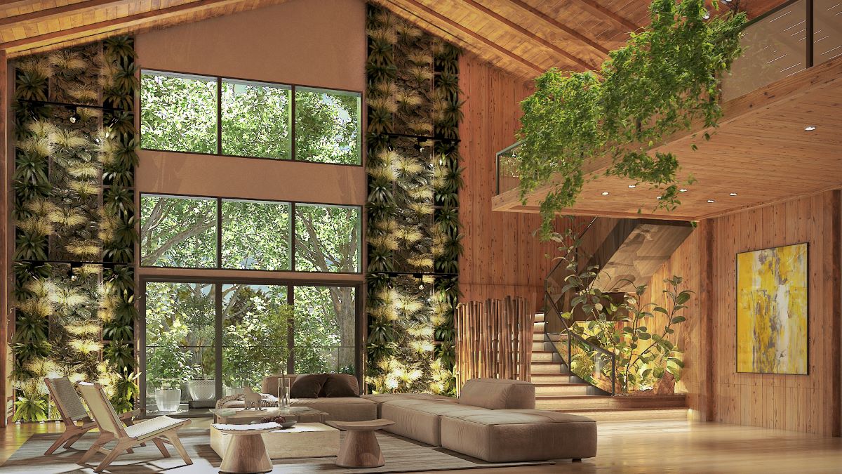Living room ideas 2024 with green walls in a rustic cabin by Homilo