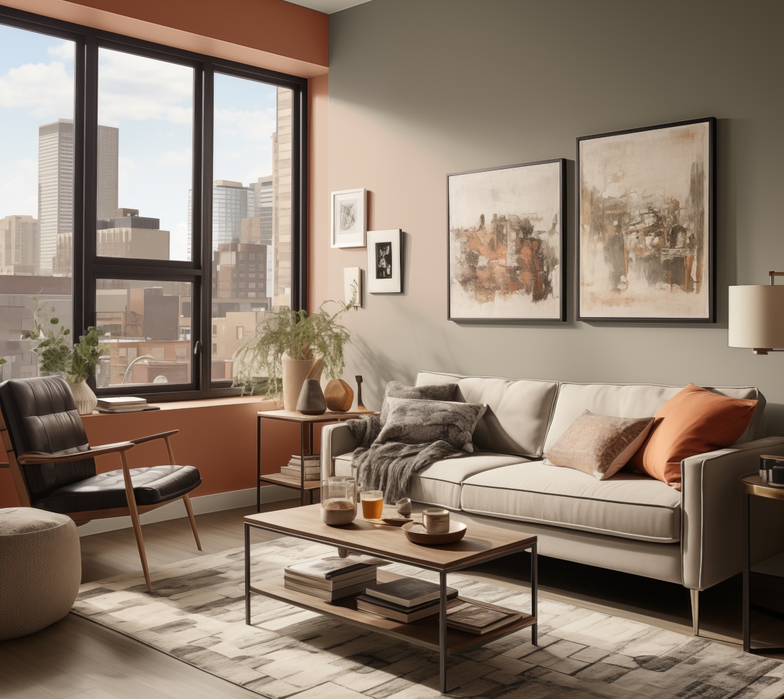 Using 2024 interior design color trends Pantone's Peach Fuzz and Behr's Cracked Pepper to refresh a monochrome living room, ideas by Homilo